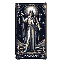 This pixel art tarot card depicts the Magician, crowned and robed, connecting the celestial and earthly realms. The iconic figure stands against a twinkling night sky, radiating a mystical and serious presence. The word "MAGICIAN" is spelled out in pixelated text at the bottom.