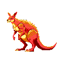 This pixel art image features a vibrant, fiery red kangaroo standing alert in a void, its energetic colors lending it a stylized and slightly aggressive charm. The kangaroo's erect ears and posture suggest attentiveness, captured in a striking and warm palette.