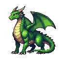 A powerful, green pixel art dragon sits alertly, its muscular form and folded wings rendered in rich detail against a stark black background. The majestic creature exudes quiet strength and a touch of fantasy.