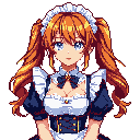 This pixel art portrait features an anime-style girl with vibrant orange pigtails and a classic maid uniform, set against a black background. Her soft expression and detailed pixel work create a charming, nostalgic vibe.