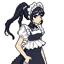 A pixel art portrait features a poised maid in a dark uniform with white accents, her expression neutral and hair pulled back in a high ponytail. The simple color palette and stark black background highlight her quiet professionalism and create a retro-elegant aesthetic.