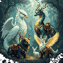 A tense meeting unfolds in a dense forest as a gryphon and a dragon-like creature face off, observed by two smaller deer-like beings, one dark, one winged, with a tiny fawn nestled between them. This pixel art scene evokes a sense of ancient magic and quiet confrontation.