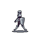 A determined pixel art knight in full armor strides forward, shield raised, against a stark black background. The monochromatic color scheme and dynamic pose evoke a sense of stoic power and purpose.