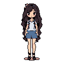 This pixel art image features a cute, wide-eyed girl with long brown hair and a pink bow, dressed in overalls and a light blue top. Her simple design and soft color palette evoke a nostalgic, peaceful vibe.