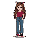 This pixel art depicts a thoughtful kemonomimi girl with long brown hair and maroon accents, standing in a relaxed pose against a stark background. Her expressive eyes and subtle expression create a calm and introspective mood.