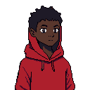 This pixel art portrait features a young person with dark skin and hair, wearing a vibrant red hoodie. The contemplative expression and simple design create a calm, modern aesthetic.