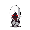A mysterious, hooded figure with glowing red eyes stands out against a stark black background, radiating an ominous and intense aura despite its chibi-style design.