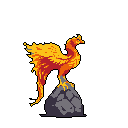 A majestic pixel art phoenix, ablaze with fiery hues, perches atop a craggy rock in a powerful display. Its vibrant plumage and dynamic pose evoke a sense of rebirth and mythical wonder against a stark black backdrop.