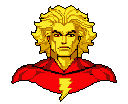 This pixel art bust portrays a powerful, yellow-skinned hero with piercing red eyes, emblazoned with a striking lightning bolt emblem. The vibrant colors and bold design evoke a sense of retro heroism and unwavering determination.