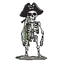 This pixel art features a cool and eerie skeletal pirate, complete with sunglasses and a skull-emblazoned hat, standing posed with a mysterious green vine draped across its bones. The monochrome palette and stark black background enhance the figure's macabre yet nostalgic vibe.