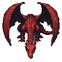 A fearsome red dragon dominates the frame, wings spread as it hovers against a stark black void, its direct gaze radiating power and a hint of menace. The pixel art emphasizes its detailed scaling and vibrant red hues, creating a majestic and slightly ominous presence.