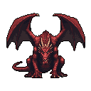 This pixel art showcases a powerful, red dragon in a semi-crouched pose, wings spread wide and gaze intense, evoking a sense of raw power and imminent action. The creature's detailed design and rich color palette create a menacing yet captivating image.