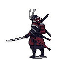 A pixel art samurai stands ready, katana drawn, in full traditional armor, exuding stoic strength in a dark void.