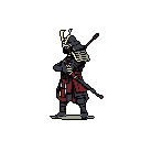 A pixel art samurai stands ready, his face hidden behind a dark helmet, crimson accents highlighting his detailed armor and weaponry. The stoic warrior, with arrows on his back and katana at his hip, exudes quiet determination.
