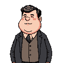 This pixel art portrait features a friendly, portly gentleman in a suit, rendered with a charmingly retro style. His rosy cheeks and slight smile give him an approachable and pleasant demeanor.