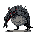 A monstrous, multi-headed pixel art creature with glowing red eyes and a toothy grin dominates the frame, its intimidating presence heightened by the void-like background. The beast, marked by blood-like splatters, evokes a sense of dread and imminent danger.