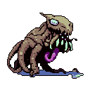 A grotesque pixel art monster with cyan eyes and teeth snarls with a forked purple tongue, its lumpy flesh and dark tendrils creating an unsettling and eerie presence.