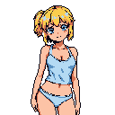 A pixel art portrait features a cute, blue-clad blonde with a demure expression, reminiscent of classic visual novel sprites. Her simple, innocent design is emphasized by the solid black background.