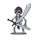 A pixel art skeleton warrior stands ready for battle, wielding two large swords against a stark black backdrop. The detailed, 8-bit style emphasizes its dark armor and determined stance, evoking a classic fantasy vibe.