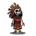This pixel art depicts a cool, tribal-themed skeleton adorned with a headdress, medallion, and kilt, standing ready against a stark black background. The stylized design and earthy color palette give this macabre figure an intriguing and quirky vibe.