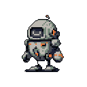 A lonely, blocky robot with a gentle gaze stands in stark isolation. Rendered in muted greys with touches of orange rust, the retro-futuristic character evokes a sense of solitude and quiet weariness.
