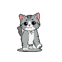A cute, pixelated kitten with oversized eyes sits patiently, its soft gray tabby fur and gentle expression radiating innocence against the stark black background. The minimalist design and muted color palette create a charming, nostalgic feel.