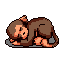 This pixel art depicts a solitary figure curled up in a peaceful slumber against a stark black background. The muted, earthy tones and relaxed posture evoke a sense of quiet vulnerability.