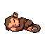 This pixel art depicts a charming, monkey-like creature curled up and resting peacefully. Rendered in muted browns and peach tones against a stark black backdrop, the simple design evokes a sense of tranquility.