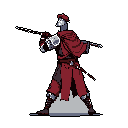 A pixel art character, cloaked in deep red, prepares to unleash magic from their glowing staff. The dynamic pose and stark color contrast against the black background create a mysterious and powerful vibe.