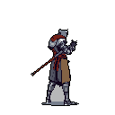 A heavily armored knight stands ready in pixel art, a red cloak adding a splash of color to the somber, dark fantasy aesthetic. The figure, holding a polearm, exudes quiet strength against a stark black background.
