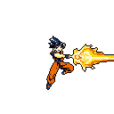 This pixel art captures Goku in a dynamic pose, unleashing a vibrant Kamehameha wave. The high-contrast color palette and action-packed scene evoke classic anime power.
