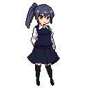 This pixel art image showcases a young woman in a school uniform, her neutral expression and demure posture creating a sense of quiet introspection. Her dark blue-grey hair and uniform are offset by striking reddish-brown eyes and subtle pops of color, all set against a stark black background.