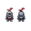 This pixel art showcases a chibi-style medieval knight in full plate armor, presented in front and back views. Red accents pop against the cool grey armor, highlighting the character's emblem and ready stance.