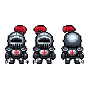 Three pixelated knights in silver armor, distinguished by vibrant red plumes and crosses, stand ready in a retro-style tribute to classic RPGs. The trio includes front and back views, showcasing their iconic medieval design.