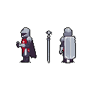 This pixel art showcases a knight in full armor, presented in profile and rear views, alongside their sword. The sprite-sheet style image highlights the character's design, from their flowing cape to the white cross emblazoned on their tabard.