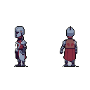 This pixel art showcases a sci-fi knight in muted grey-blue armor, presented in both profile and back views. The static poses and somber color scheme create a technical feel, perfect for character sprites.