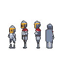 This pixel art showcases a stoic knight in full plate armor, displayed in four views to reveal his classic, retro design. The knight's distinctive yellow/orange visor and red pauldrons pop against the metallic grey armor, hinting at readiness for adventure. He holds a shield in the back view.