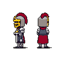 This pixel art showcases a stoic knight in detailed armor, presented in both side and back views, reminiscent of classic RPG sprites. The design features muted grays accented by vibrant yellow and crimson, conveying a sense of quiet readiness.