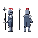 Pixel art showcases a knight in shining armor from front and back views, wielding a halberd and lance, respectively. The stoic figure, rendered in cool grays and reds against a stark black background, evokes a sense of historical or fantasy militarism.