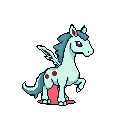 A stylized, light blue pixel art pegasus strikes a dynamic pose, its design reminiscent of a classic fantasy game character. With small wings and a focused gaze, the creature conveys a sense of whimsical intensity.