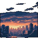 A pixelated cityscape silhouette meets a dramatic dawn or dusk sky in this serene artwork. Warm oranges and blues clash as blocky buildings stand against a textured, gradient-filled sky, evoking a sense of quiet vastness.
