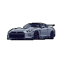 This pixel art showcases a sleek, grey Nissan GT-R, capturing its iconic design in a monochromatic palette. The low-angle perspective and turned wheels hint at the car's power and readiness.