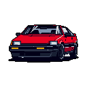 This pixel art image showcases a vibrant red 80s Japanese hatchback, meticulously rendered in a retro style. The focus is purely on the car's clean lines and classic design, evoking a sense of nostalgia for vintage automotive aesthetics.