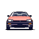 This pixel art image showcases a front-facing view of a retro 80s Japanese coupe, rendered in a clean, minimalistic style with a muted pink and navy color palette. The focus is entirely on the car's angular design and pop-up headlights, evoking a sense of nostalgic appreciation.