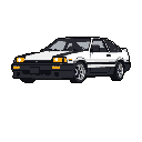 This pixel art showcases a meticulously detailed, late 80s/early 90s Japanese sports car rendered in a striking monochrome palette with vibrant yellow-orange headlights. The low angle and stark black background emphasize the vehicle's iconic design and evoke a sense of automotive nostalgia.