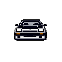 This pixel art image captures a classic 80s Japanese sports car in a stark, monochromatic style. The minimalist design and bright orange accents evoke a nostalgic, retro video game vibe.