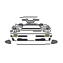 This pixel art showcases a classic black sports car rendered in sharp detail against a stark black background. The minimalist color palette and focus on form highlight the vehicle's design, drawing attention to its pixelated edges and bright yellow headlights.