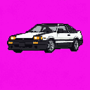 This pixel art image showcases a stylish black and white hatchback sports car, rendered with nostalgic detail. The bright orange headlights pop against the car's monochrome design and vivid magenta backdrop. It evokes classic arcade racing vibes.