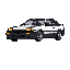 This pixel art image showcases a stylish black and white hatchback coupe in profile, reminiscent of classic 8-bit racing games. Bright orange headlights add a pop of color to the otherwise monochromatic design.