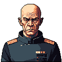 This pixel art portrait features a stern, bald military man in uniform, conveying authority and experience through his erect posture and serious expression. The limited color palette and stark black background emphasize his powerful presence.